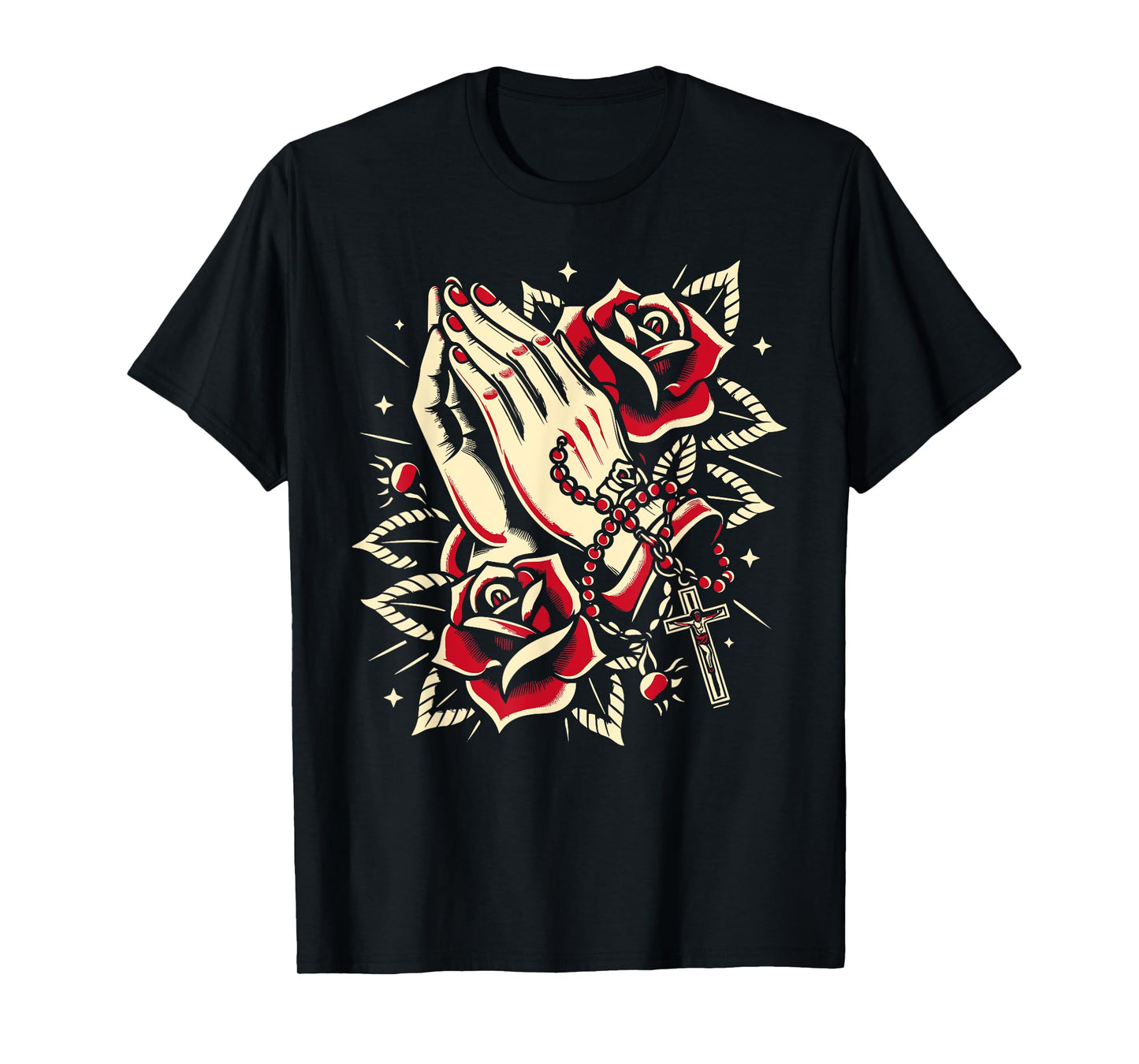 Praying Hands Rosary and Rose, Traditional Tattoo Design T-Shirt