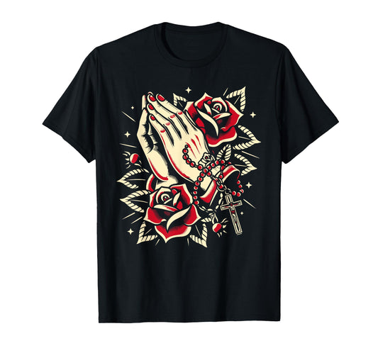 Praying Hands Rosary and Rose, Traditional Tattoo Design T-Shirt