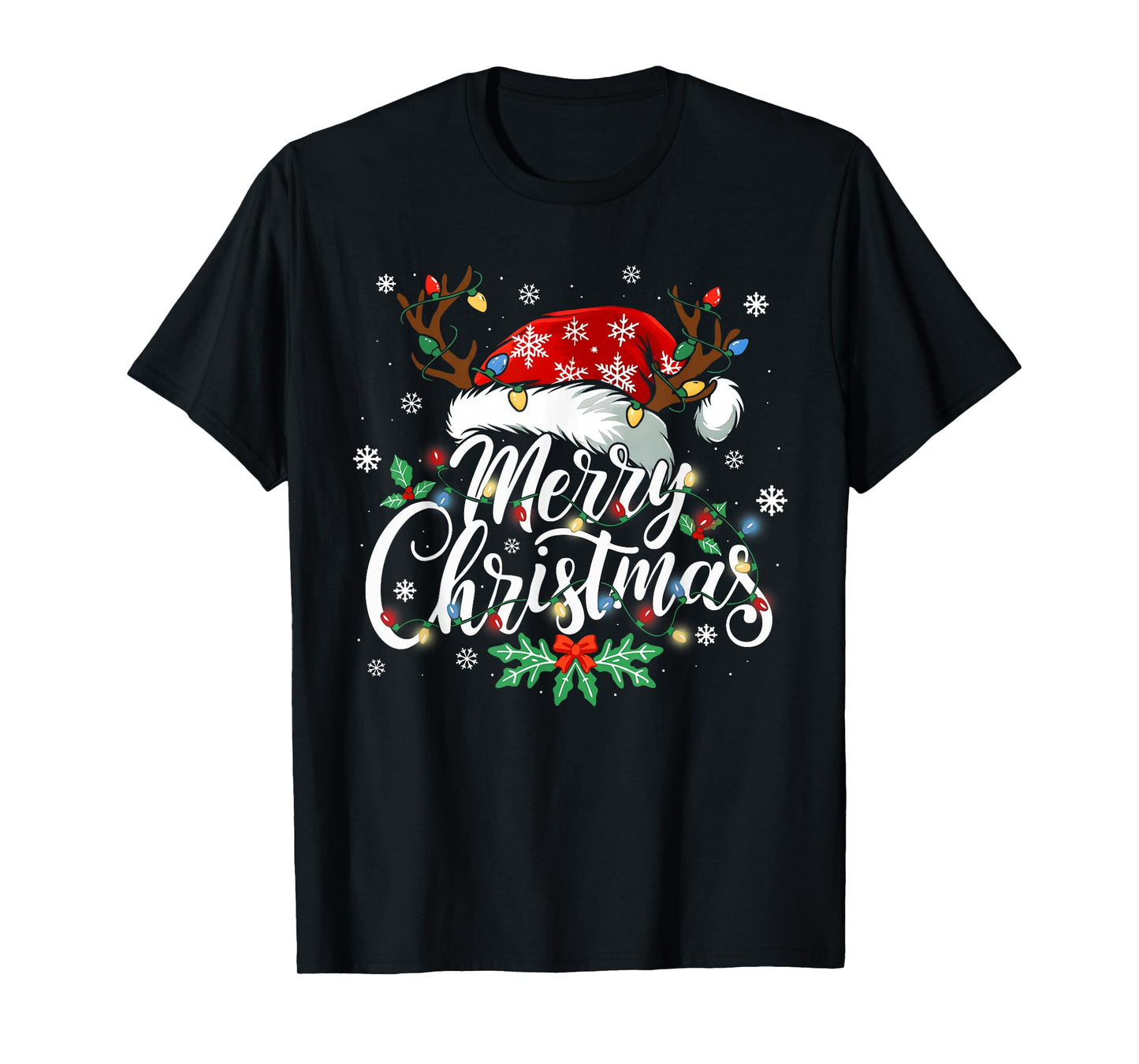 Merry Christmas Lights Red Santa Hat Xmas Family Men Women T-Shirt