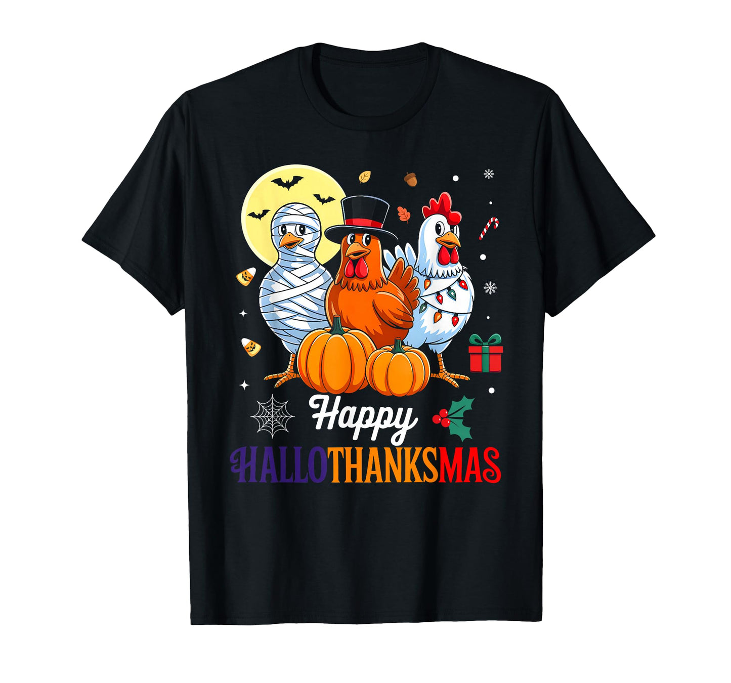 Chicken Happy HalloThanksmas Funny Halloween Thanksgiving T-Shirt