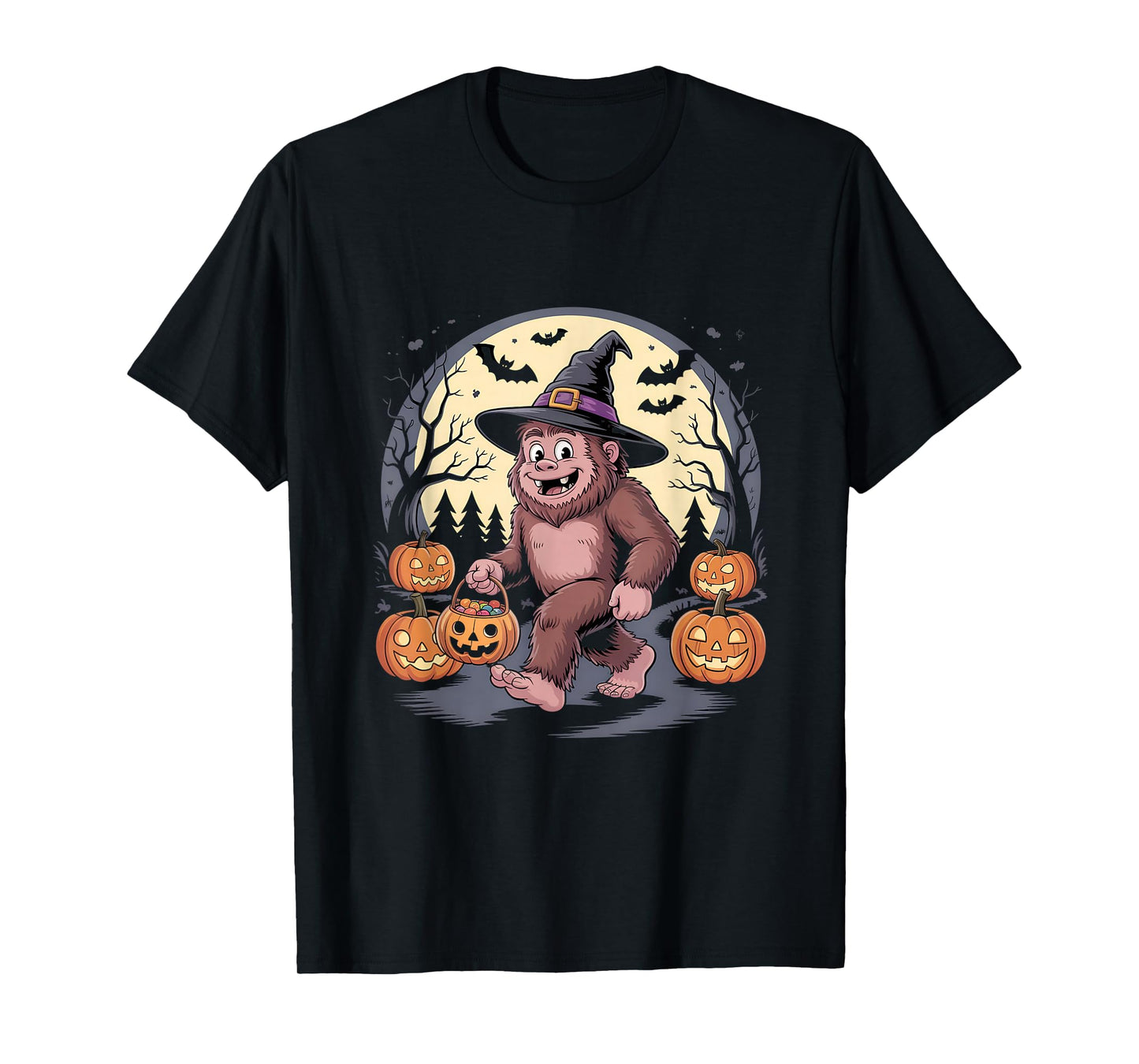 Cute Halloween Bigfoot Witch Hat Pumpkin Moon T-Shirt
