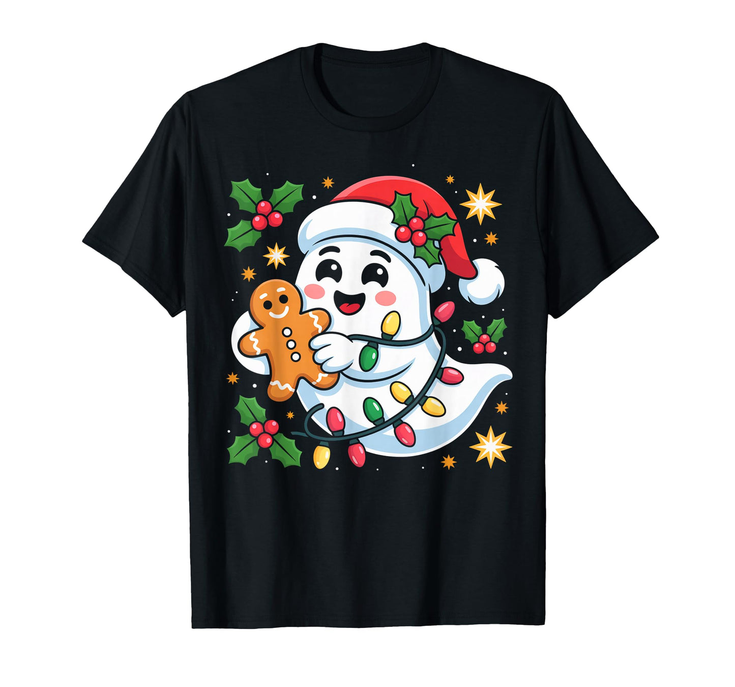 Kawaii Ghost Santa Hat Holiday Lights Xmas Costume T-Shirt