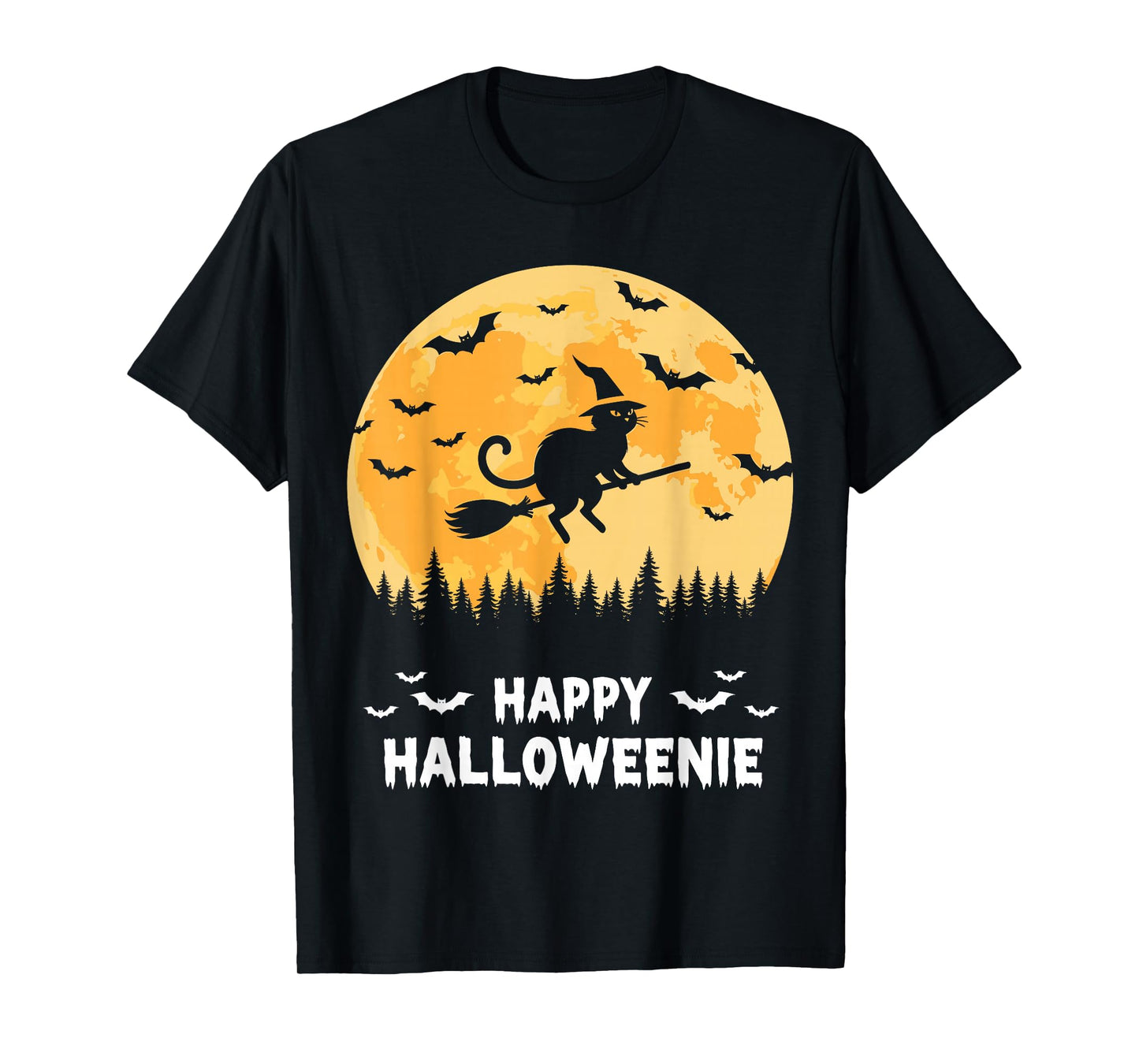 Happy Halloweenie Funny Halloween Cat Flying Witch T-Shirt