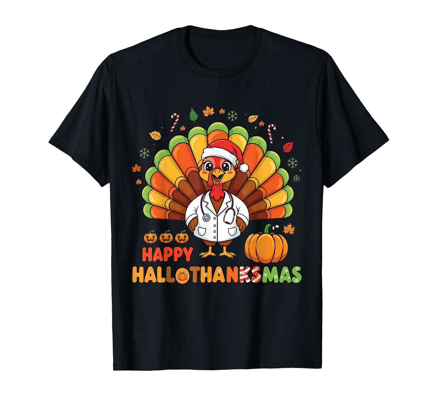 Halloween Thanksgiving Happy HalloThanksMas Santa Lights T-Shirt