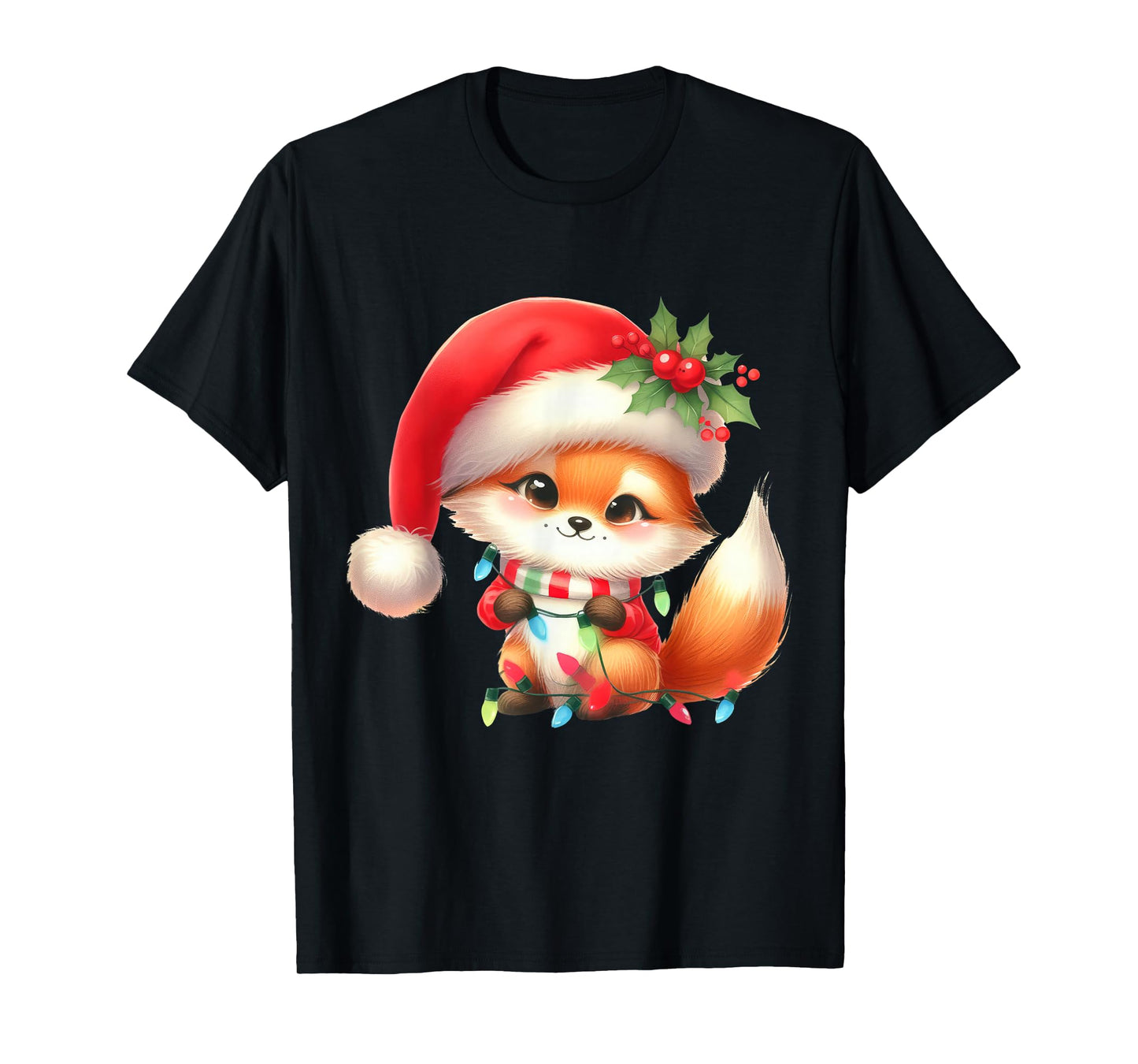 Fox Christmas Lights Funny Santa Hat Merry Xmas T-Shirt