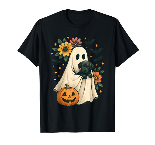 Floral Ghost Black Dog Coquette Funny Halloween Design T-Shirt