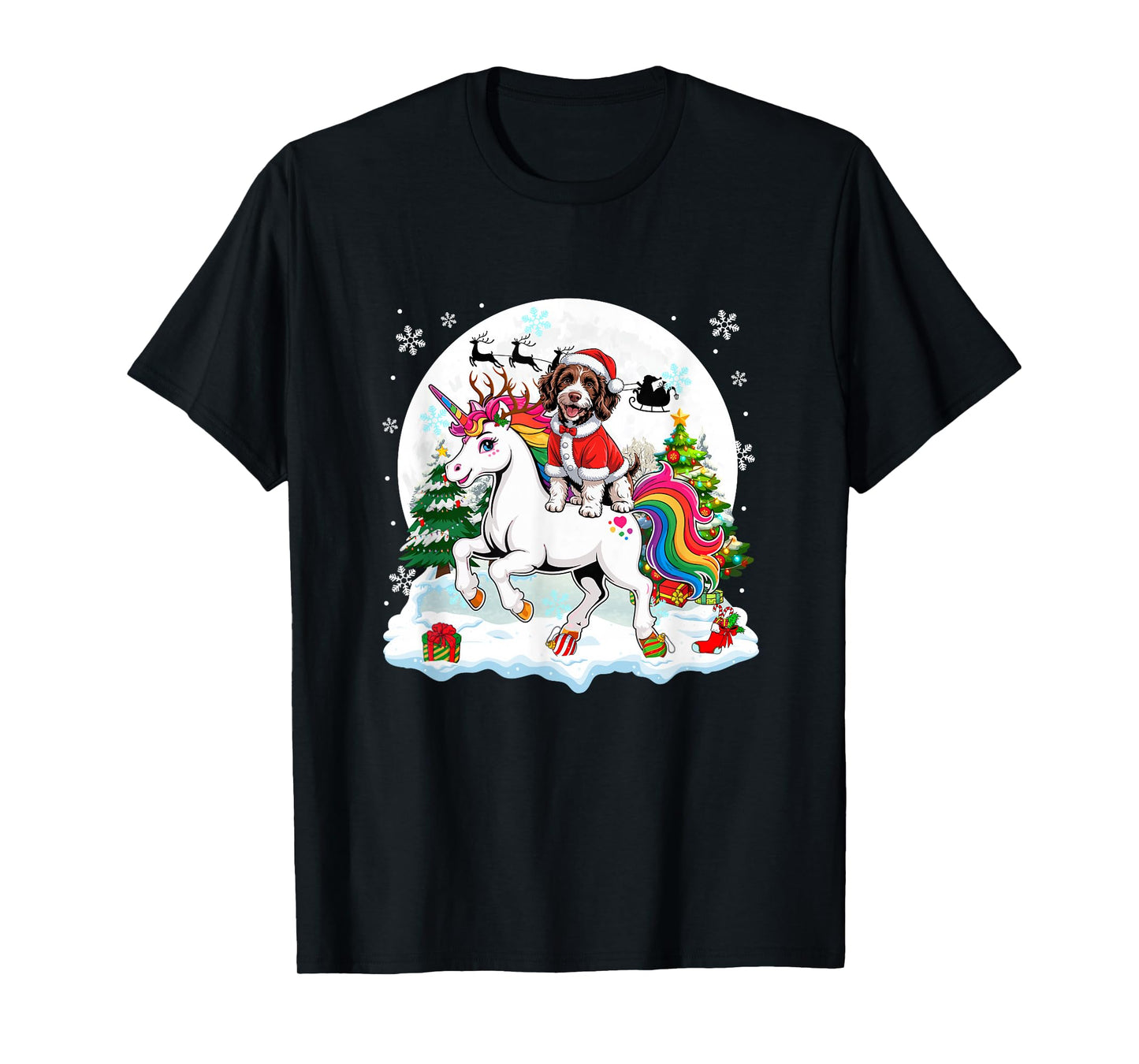Santa Sproodle Riding Unicorn Reindeer Christmas Owner Kids T-Shirt
