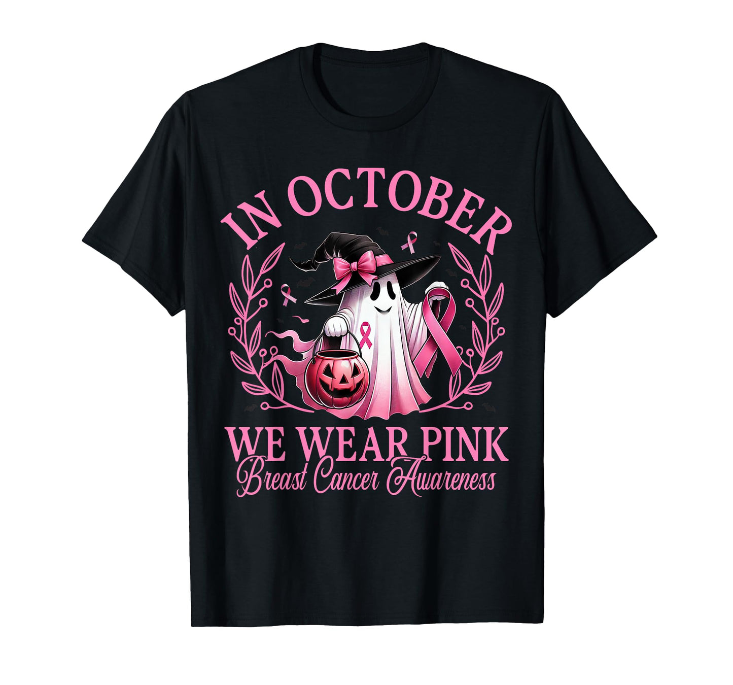 in October We Wear Pink Ghost Witch Breast Cancer Awareness T-Shirt