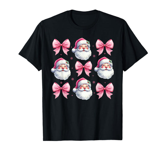 Pink Santa Christmas Shirts For Women Christmas Coquette Bow T-Shirt