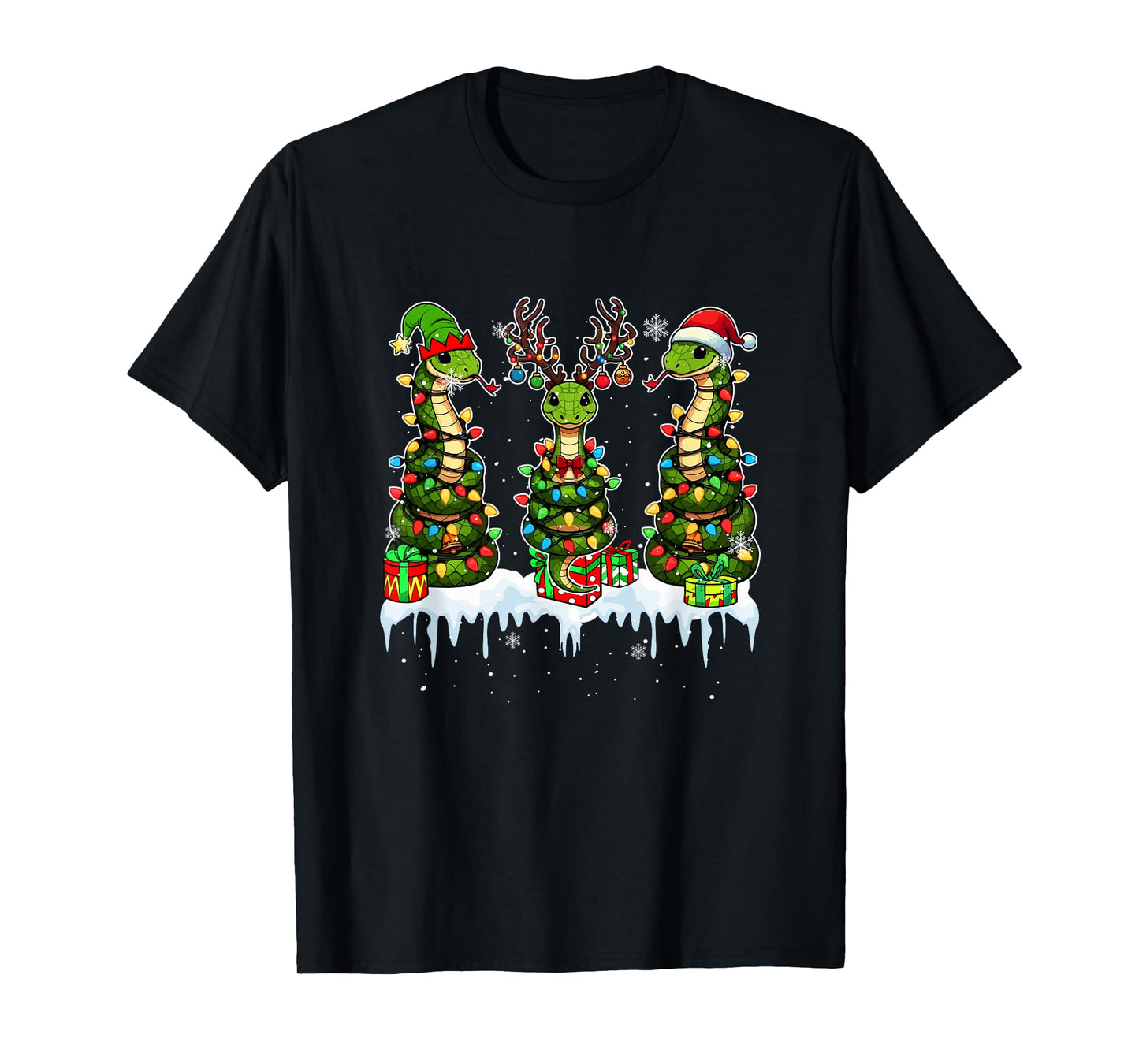 Three Santa Reindeer Elf Snakes Christmas Colorful Lights T-Shirt