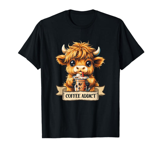Cute Highland Cow Coffee Addict Funny Drink Coffee Cowgirl T-Shirt