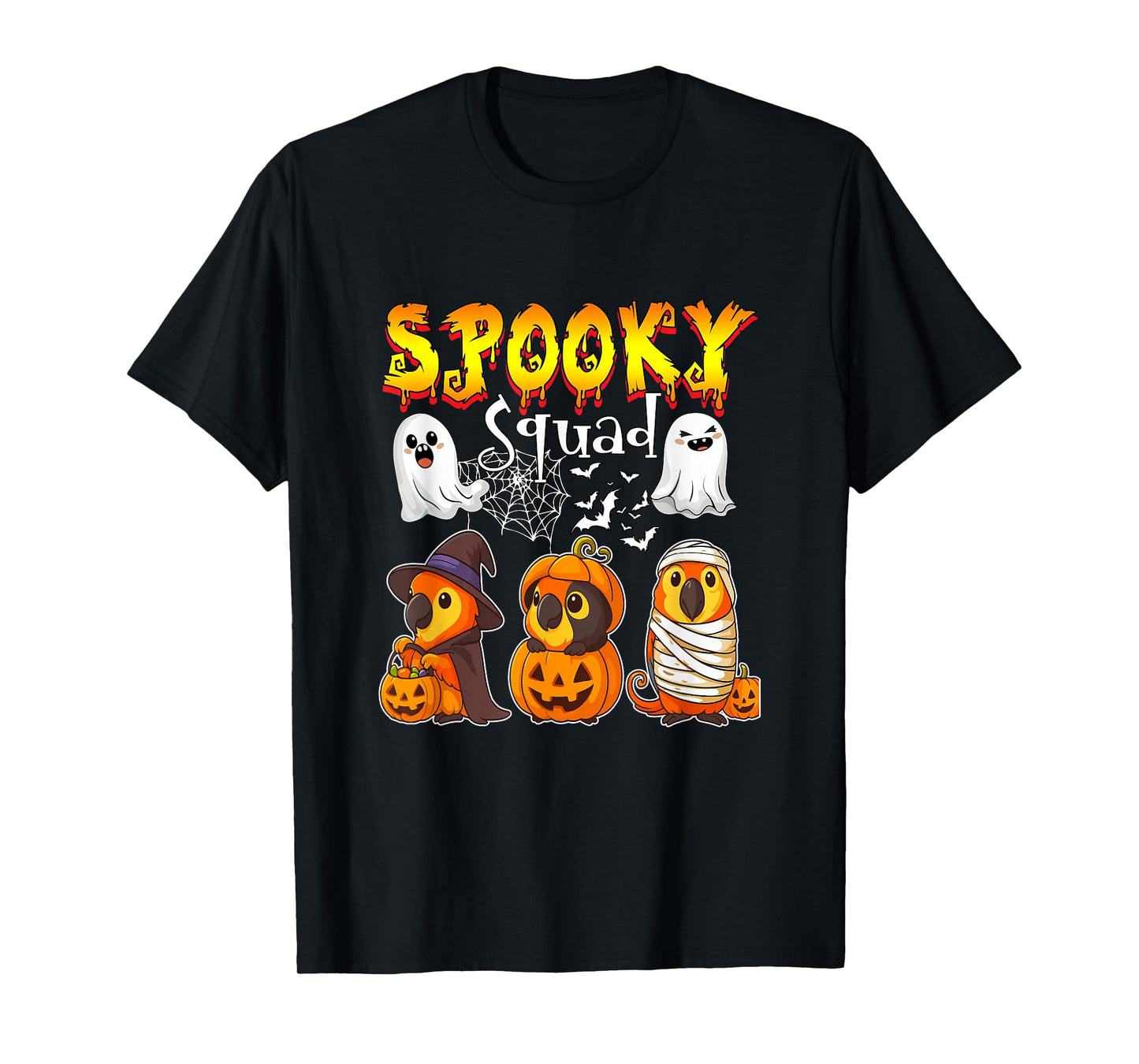 Spooky Halloween Squad Three Cute Parrots Cosplay Witch T-Shirt