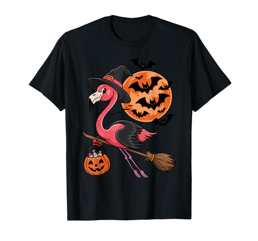 Flamingo Halloween Witch Hat Jack-o-Lantern Candy Bucket T-Shirt