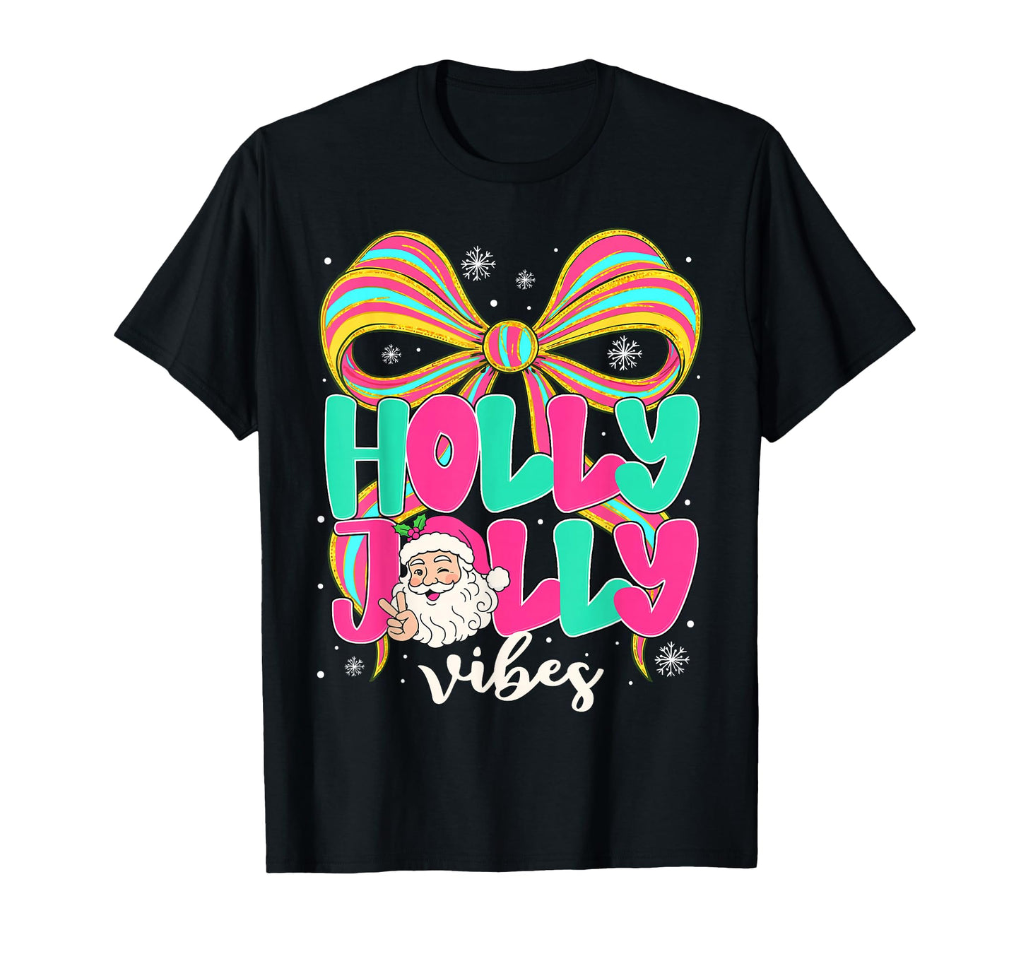 Preppy Holly Xmas Jolly Vibes Bow Christmas Girl Women Pjs T-Shirt