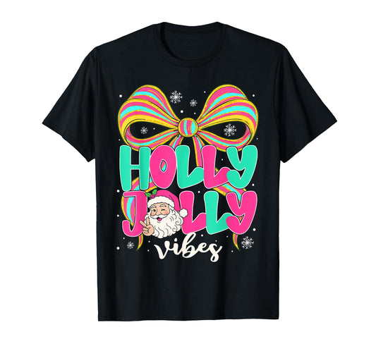 Preppy Holly Xmas Jolly Vibes Bow Christmas Girl Women Pjs T-Shirt