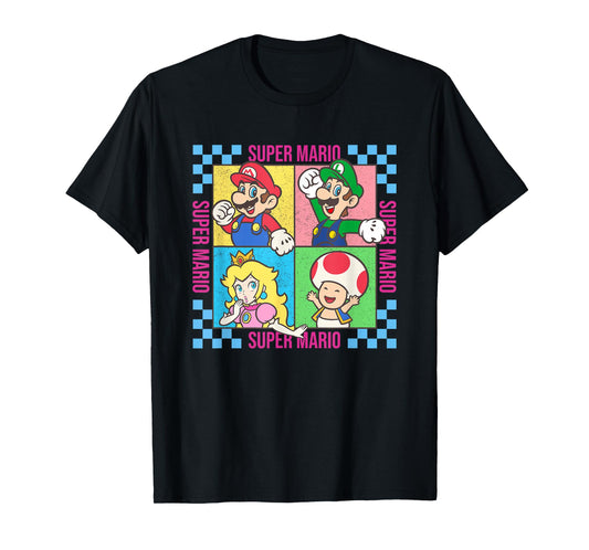 Super Mario Neon Pastel Checkerboard Frame Group Shot T-Shirt