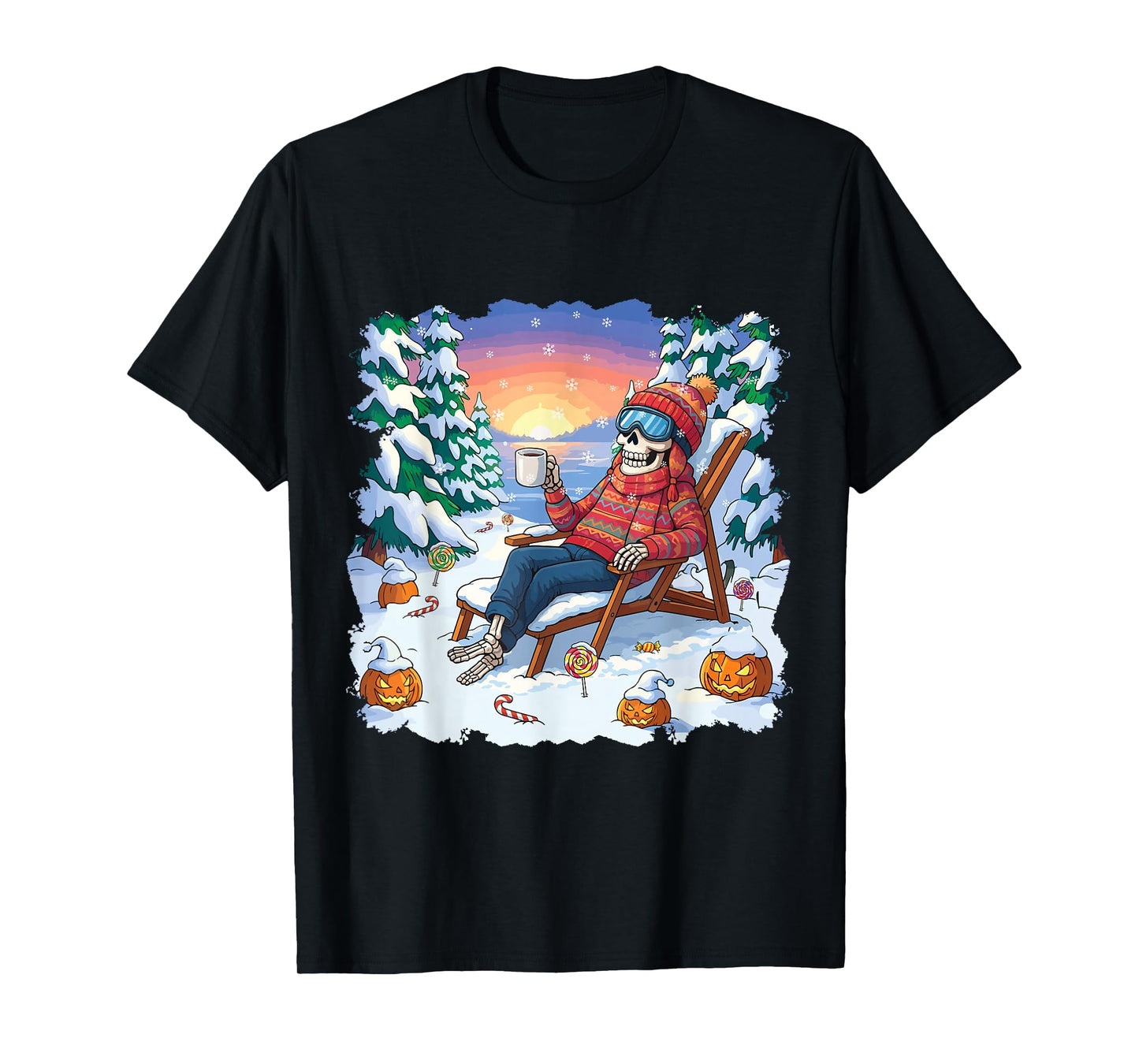 Winterween Winter Halloween Skeleton and Pumpkin Christmas T-Shirt