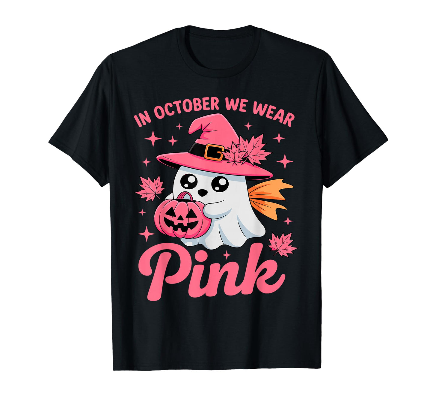 in October We Wear Pink Breast Cancer Awareness Witch Ghost T-Shirt
