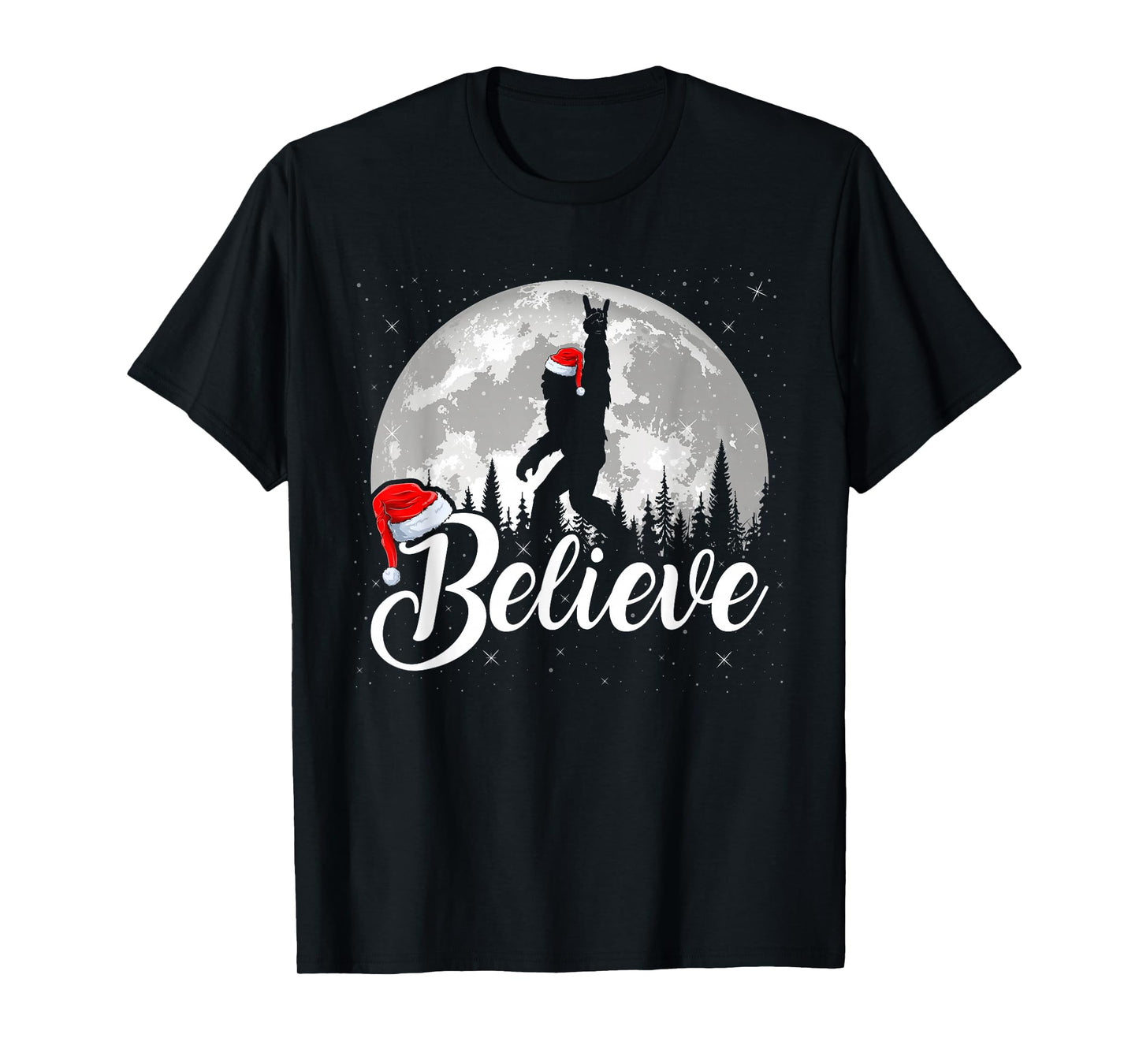 Believe Xmas Santa Bigfoot Sasquatch in Moon Light Christmas T-Shirt