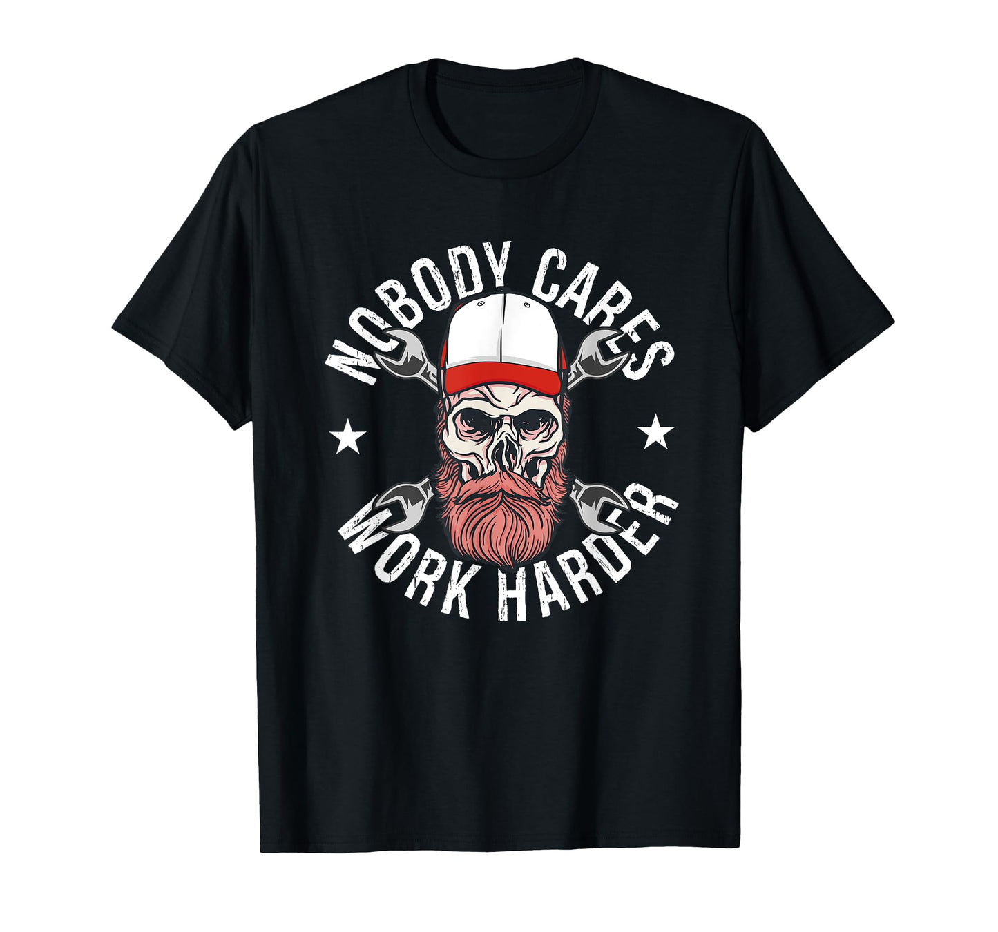 Nobody Cares Work Harder Skull Mechanic Engineer T-Shirt - Unisex-Adults - Black - Short Sleeve - T-Shirt - Size: Small