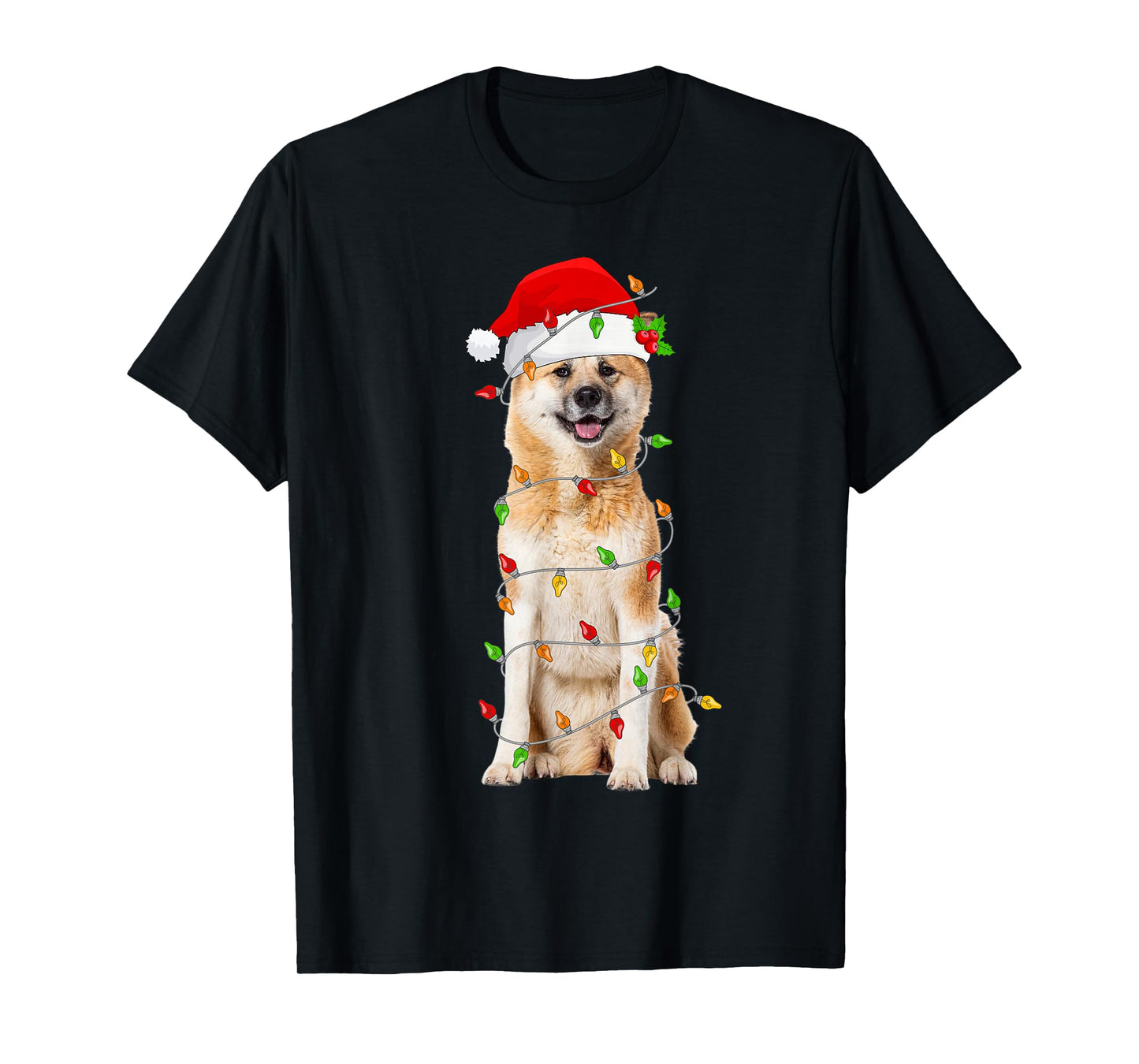 Akita Inu Christmas Santa Hat Lights Funny Pet Dog Xmas T-Shirt