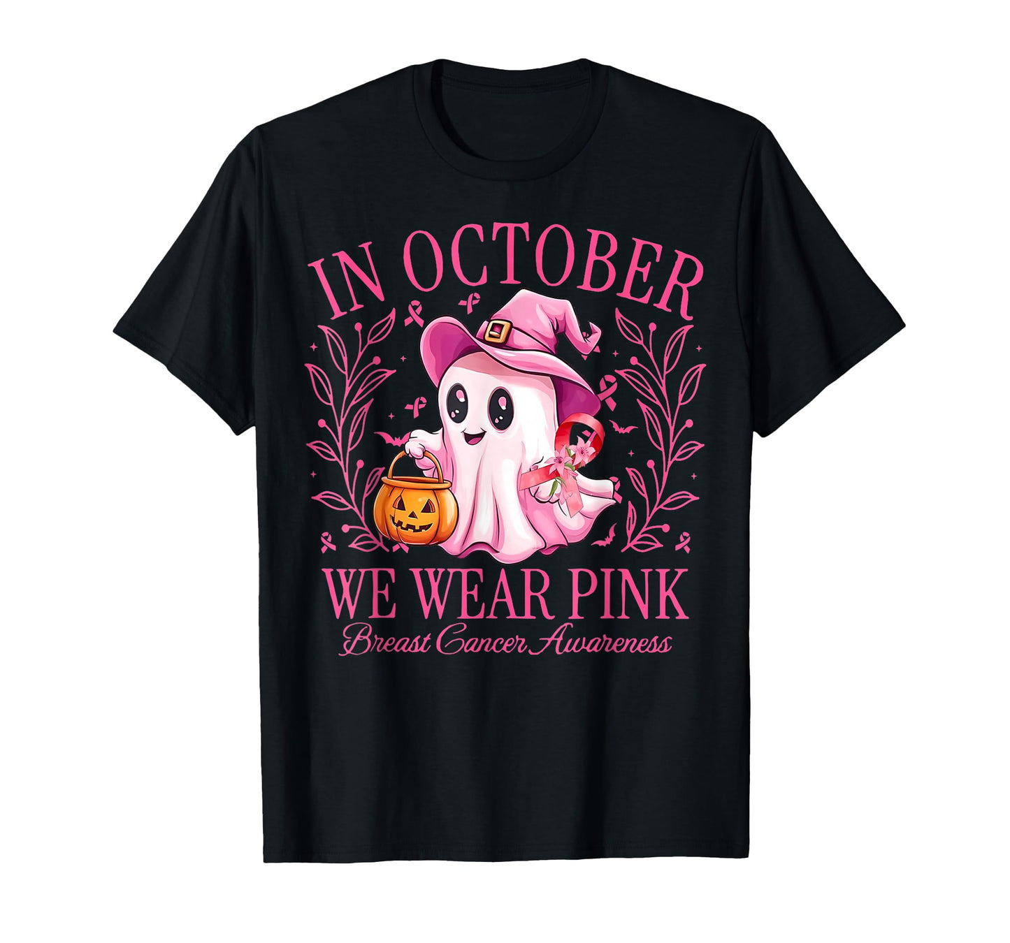 in October We Wear Pink Ghost Witch Breast Cancer Awareness T-Shirt