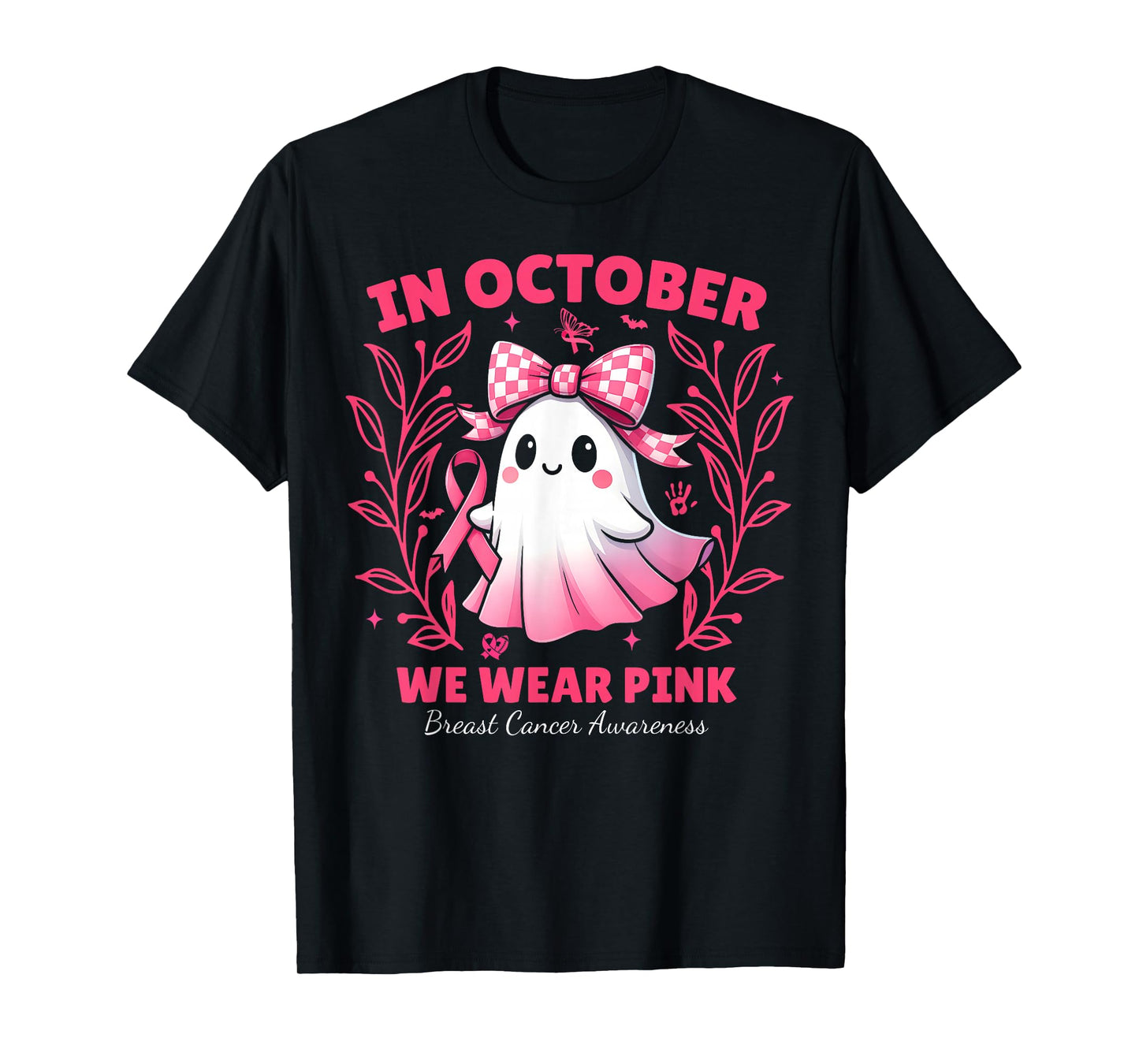 in October We Wear Pink Ghost Witch Breast Cancer Awareness T-Shirt
