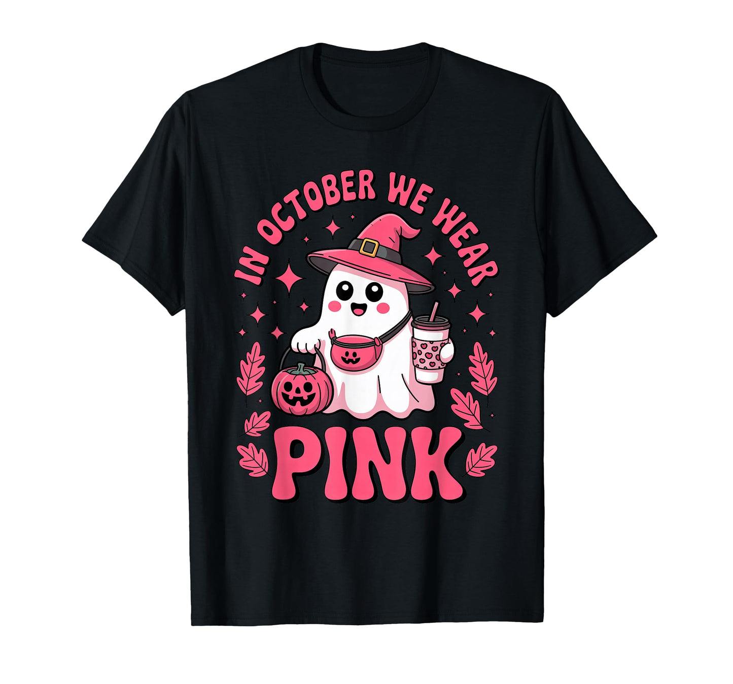 Halloween Witch Ghost with Coffee in October We Wear Pink T-Shirt