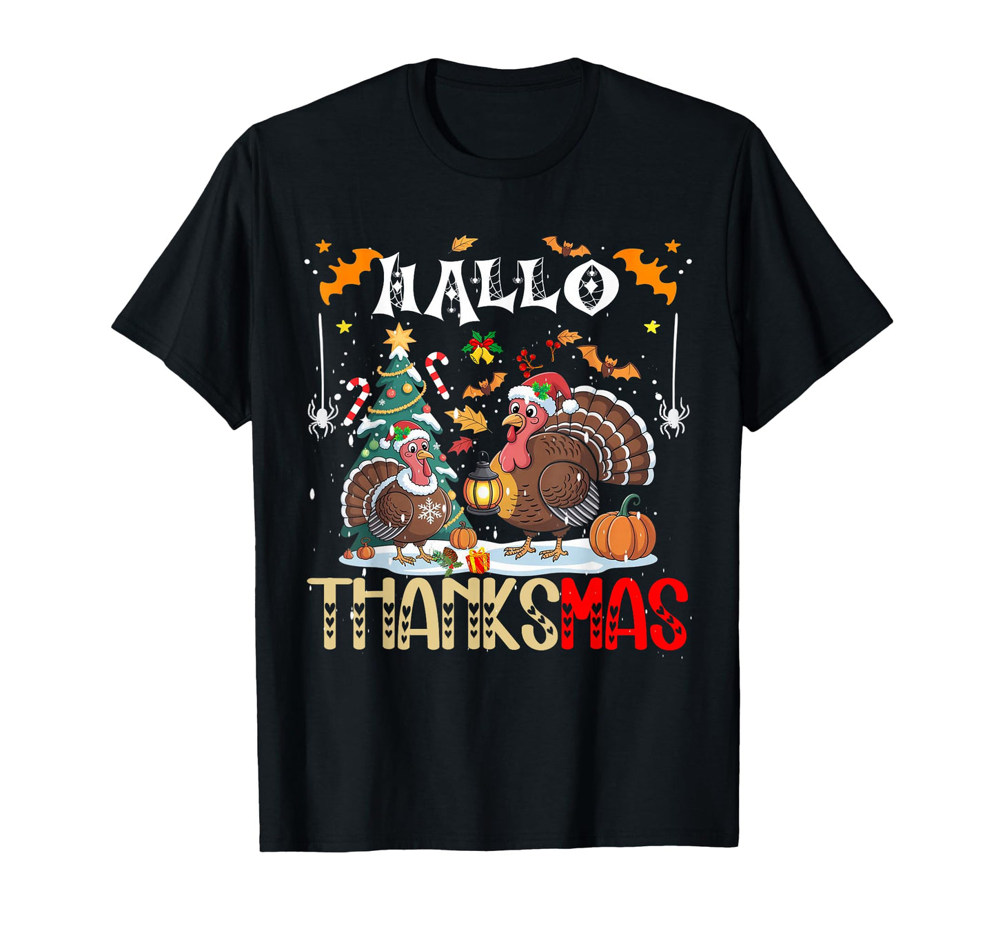 Funny HalloThanksMas Happy Thanksgiving Santa Turkey T-Shirt