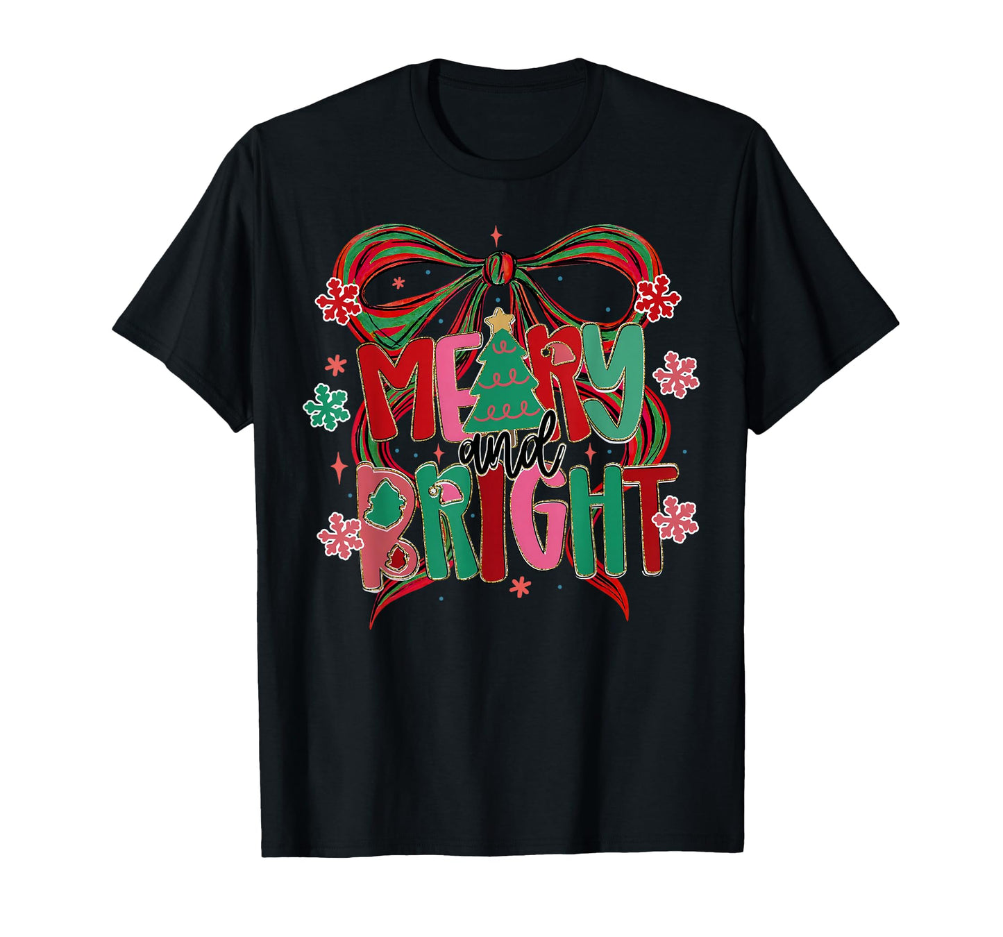 Merry & Bright Christmas Xmas Coquette Bow Pajamas Holiday T-Shirt