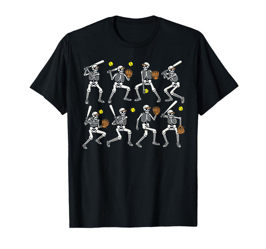 Funny Halloween Softball Skeletons Play Softball Boys Kids T-Shirt