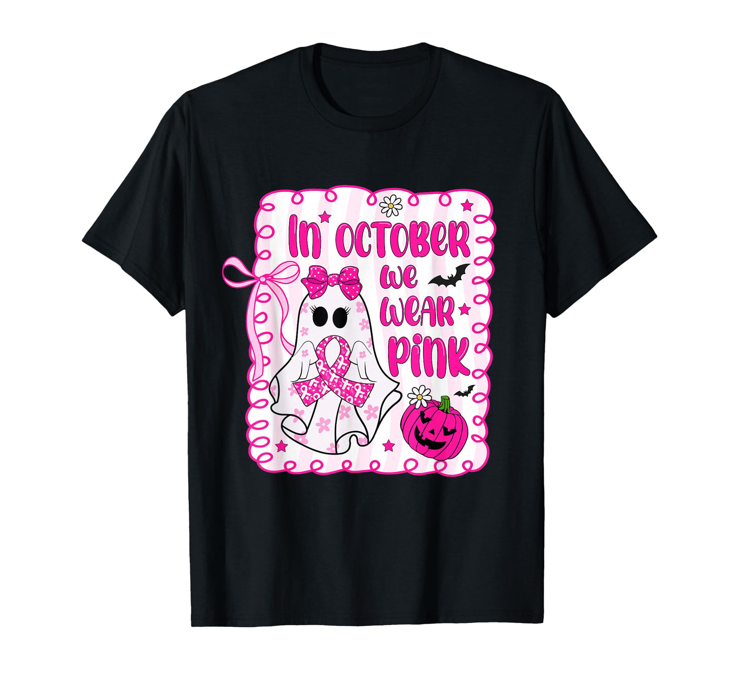 in October We Wear Pink Coquette Breast Cancer Halloween T-Shirt