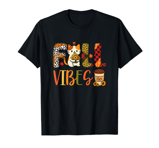 Fall Funny Vibes Thanksgiving Cat Flowers Leopard Owner T-Shirt