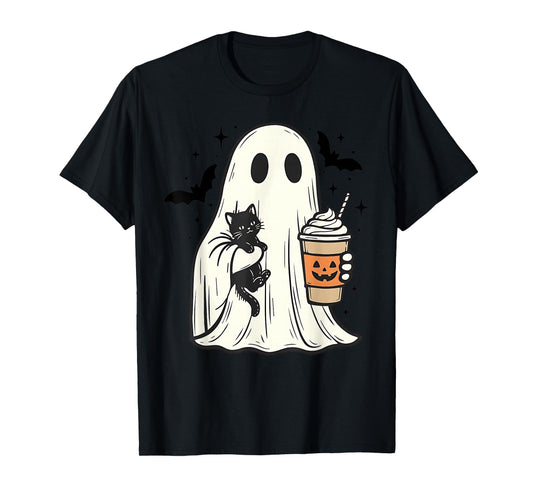 Vintage Halloween Ghost Holding Black Cat Fall Coffee T-Shirt