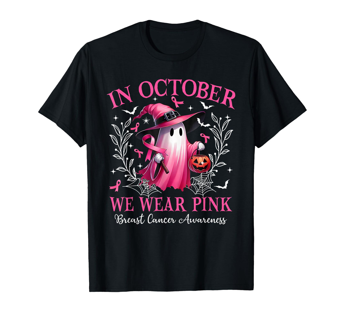 in October We Wear Pink Halloween Witch Ghost Pumpkin T-Shirt