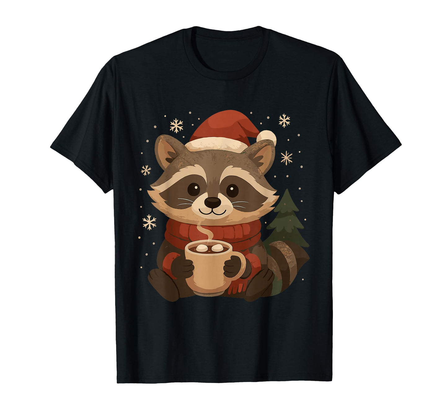 Cozy Raccoon with Hot Cocoa Christmas Design T-Shirt
