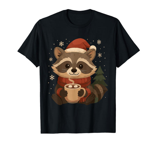 Cozy Raccoon with Hot Cocoa Christmas Design T-Shirt