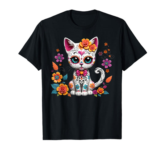 Floral Cat Sugar Skull Day of the Dead Dia de los Muertos T-Shirt