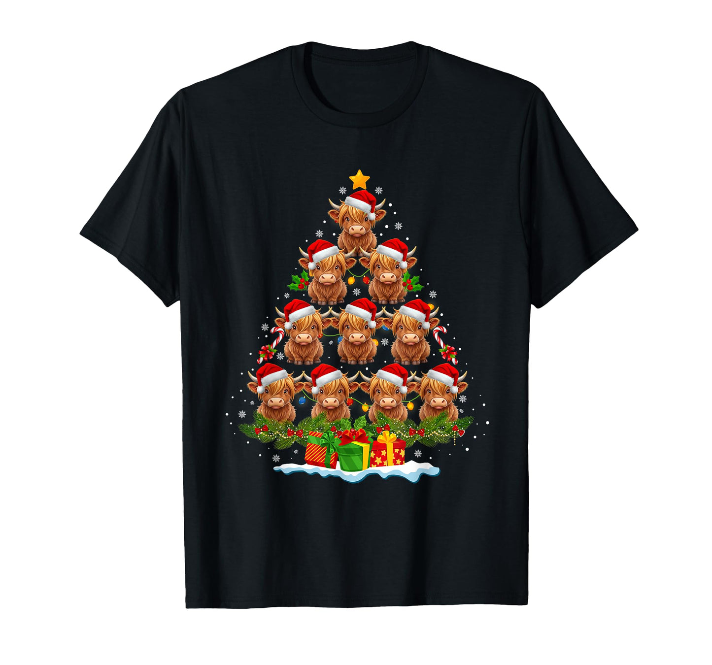 Scottish Highland Cow Christmas Tree Lights Xmas Cow Lover T-Shirt