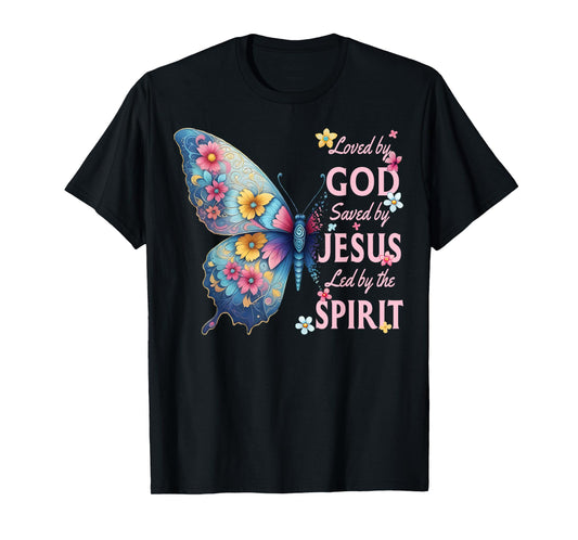 Loved by God Saved by Jesus Christian Floral Butterfly T-Shirt