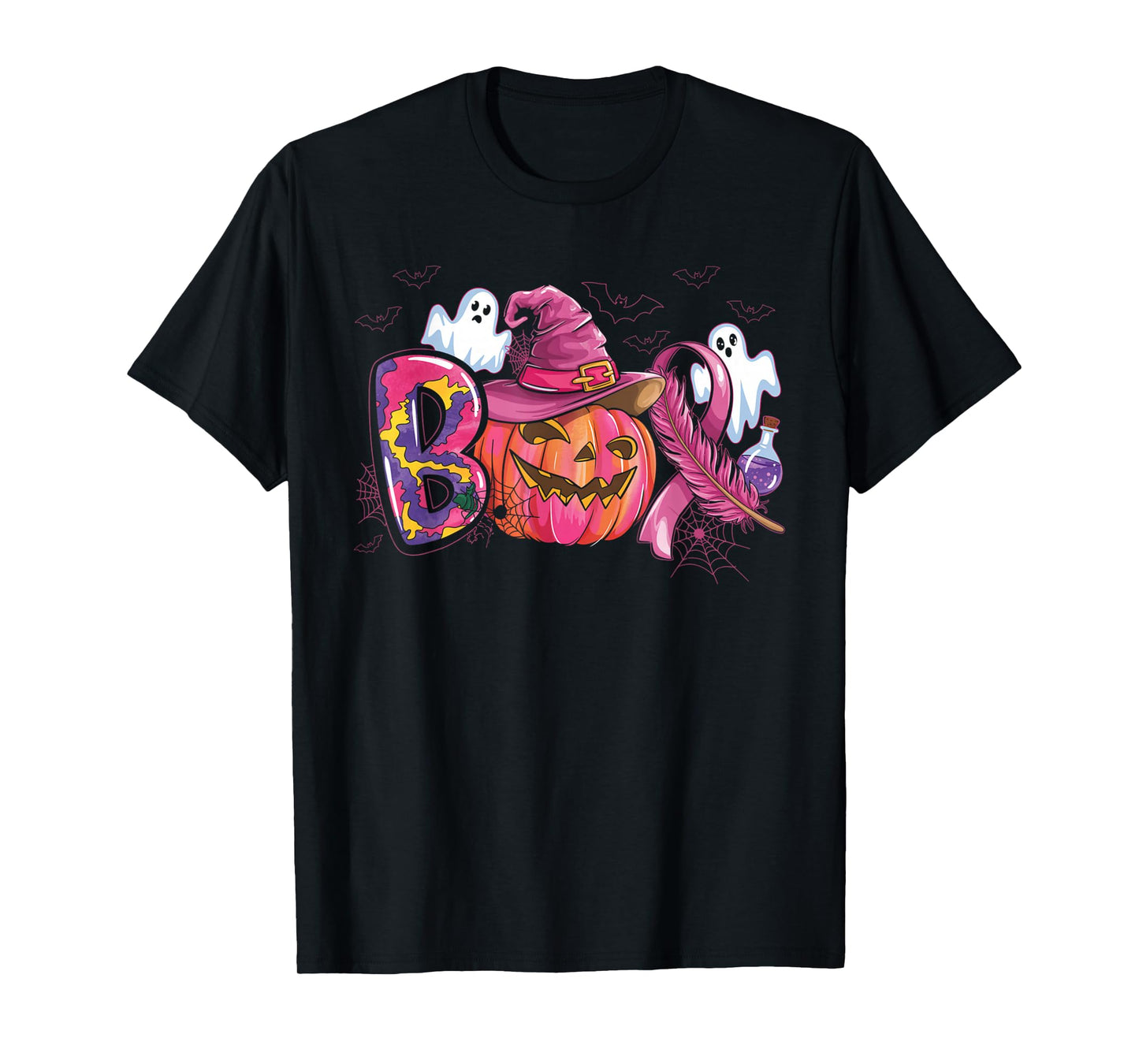 FUUNY Boo Halloween Pumpkin Pink Ribbon Witch Breast Cancer T-Shirt