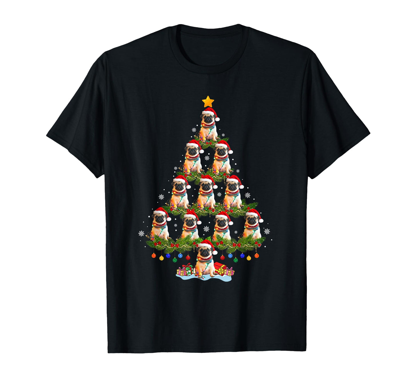 Funny Christmas Pug Dog Santa Hat Christmas Tree Lights T-Shirt