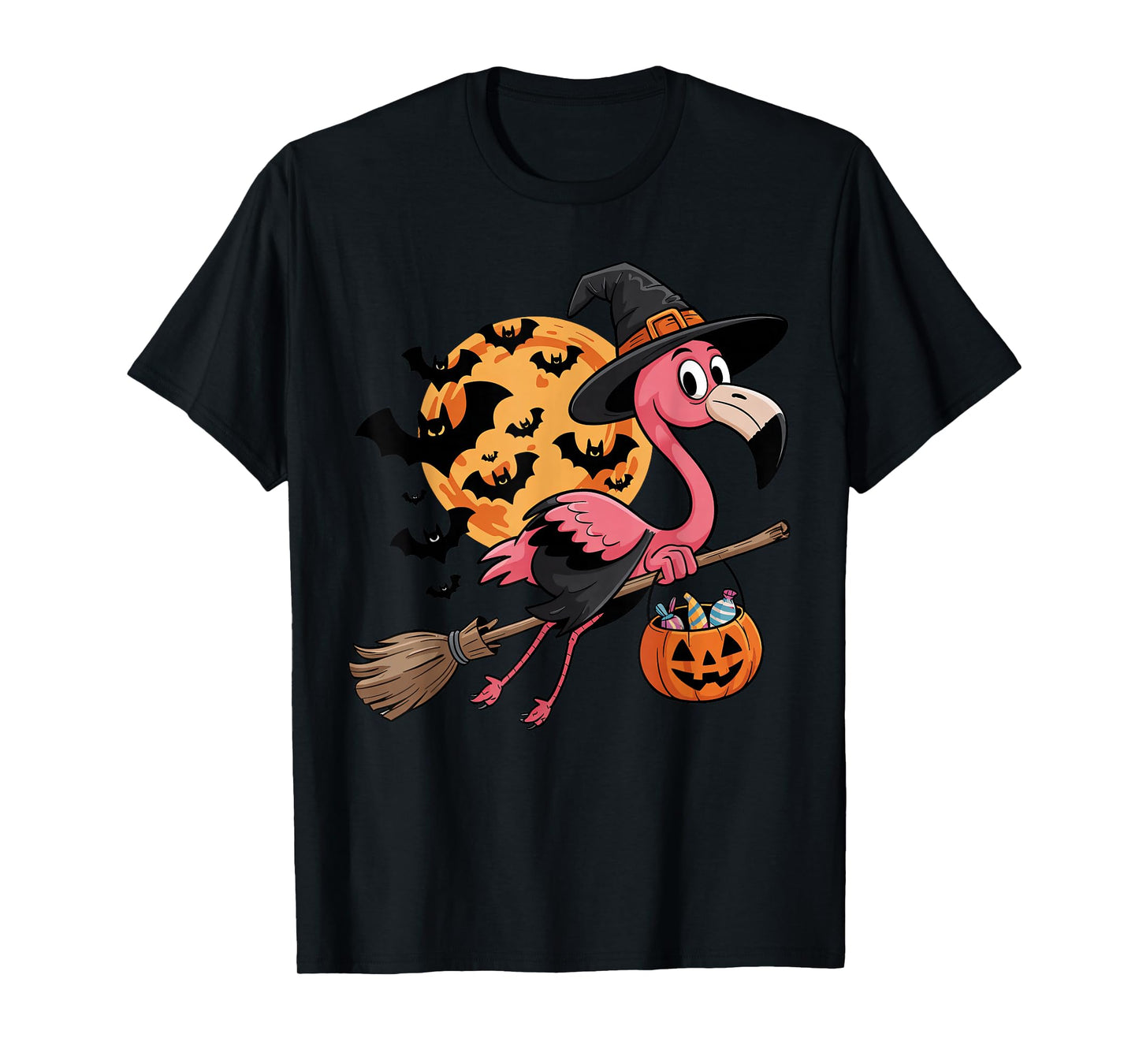 Flamingo in Witch Hat on a Broom Halloween Spooky Costume T-Shirt