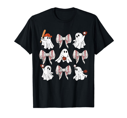 Baseball Player Halloween Bow Coquette Ghost Halloween Tee T-Shirt