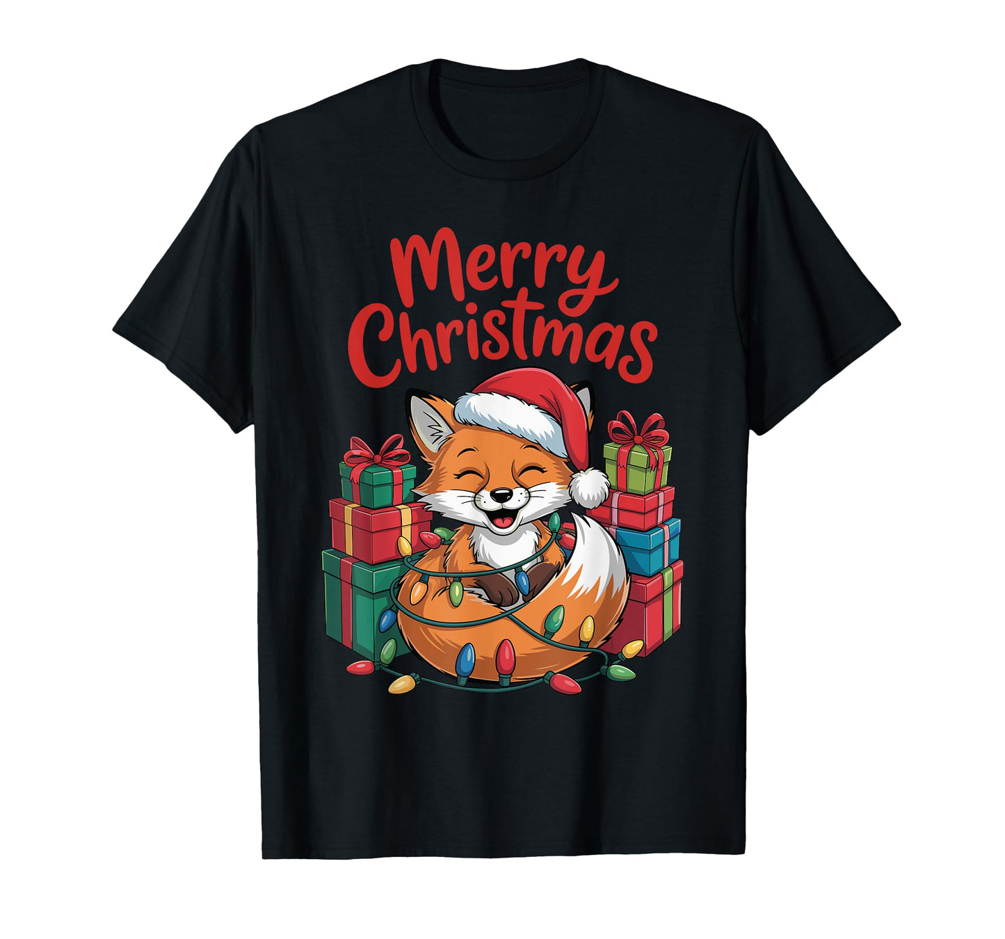 Funny Fox Santa Hat Animals Lovers Ugly Christmas Pajamas T-Shirt