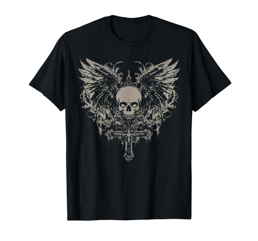 Skull Cross Y2K Goth Alt Grunge Gothic Emo Aesthetic Wings T-Shirt