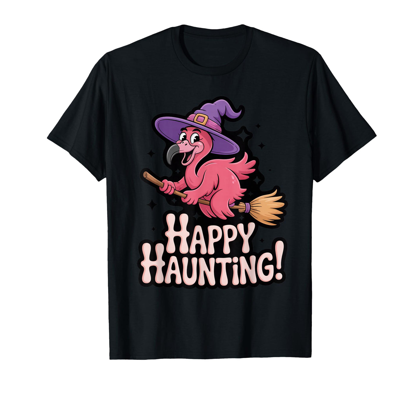 Happy Haunting Flamingo Witch on Broom T-Shirt