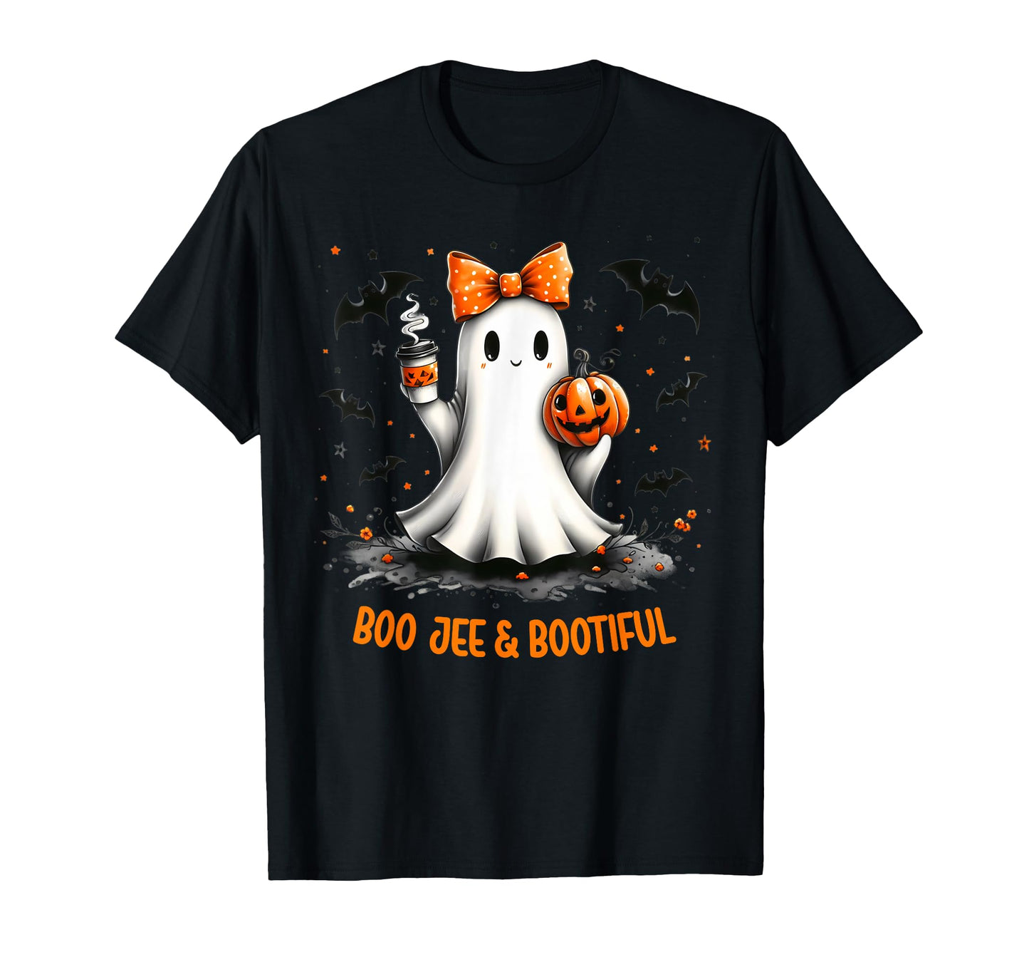 Boo Jee Ghost Drinking Coffee Coquette Bow Halloween Women T-Shirt