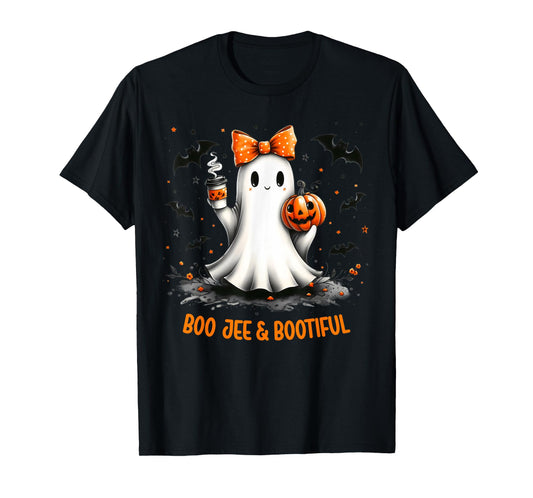 Boo Jee Ghost Drinking Coffee Coquette Bow Halloween Women T-Shirt