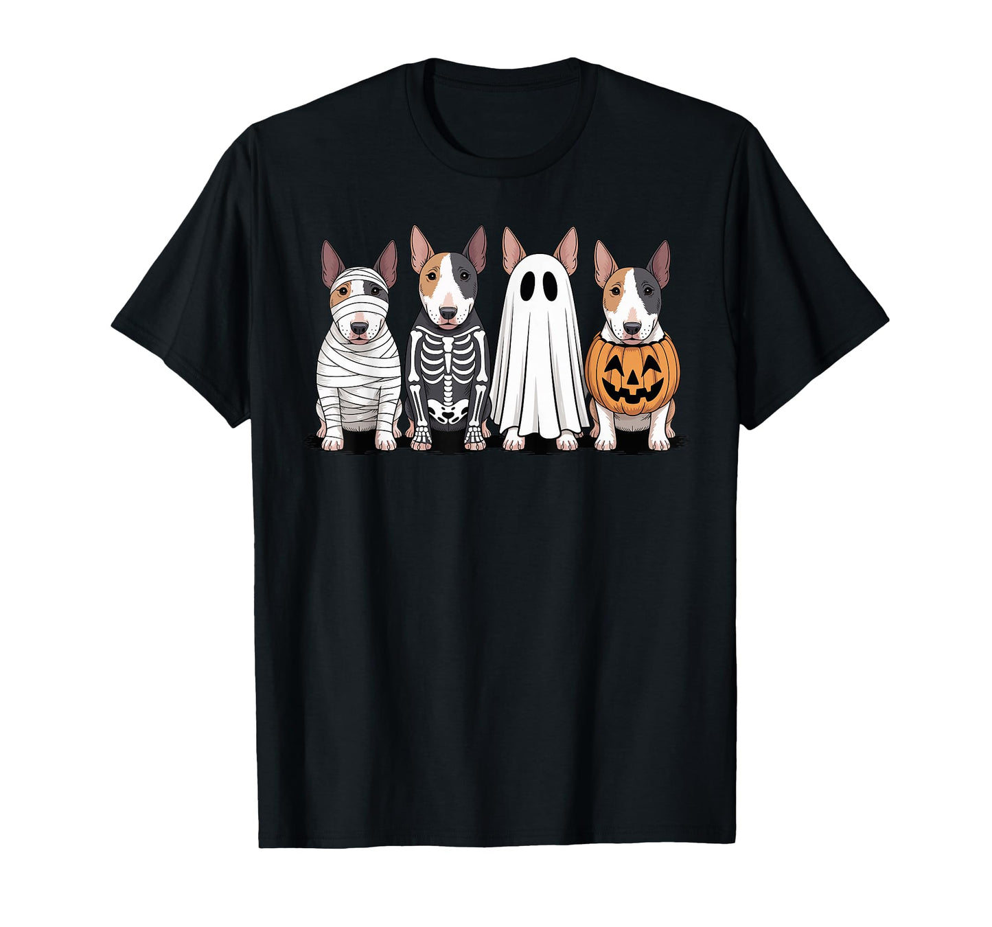 Spooky Ghost Pumpkin Bull Terrier Halloween Dog Skeleton T-Shirt